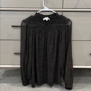 LOFT Brown and Tan Flecked Smocked High-Neck Blouse